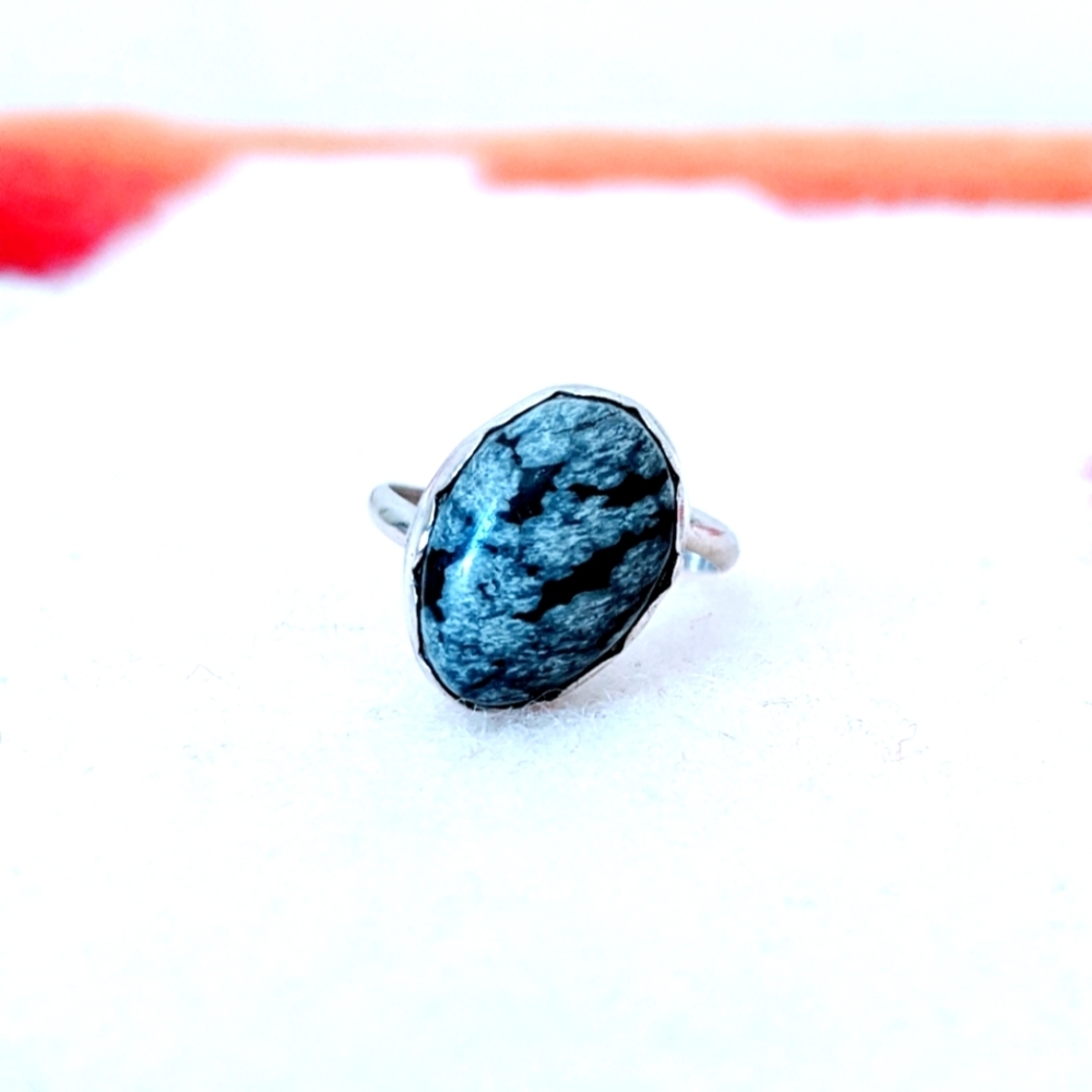 🚨🖤💍 Real Stone Black Grey Sterling Silver Boho Ring Sz 6 1/2 Jasper